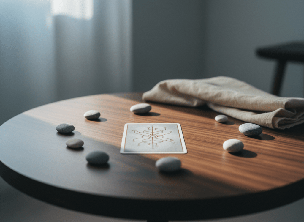 A close-up photographic view of a single tarot card placed precisely in the center of a low, dark wooden table with a fine natural grain. The card back displays a refined, abstract symbol inspired by the psyche and inner reflection, in soft grey and muted gold tones, with no words. Surrounding the card are small, smooth pebbles and a neatly folded beige cotton cloth, leaving ample negative space. Gentle, cool daylight from an unseen window creates a serene, even illumination with delicate, directional shadows. Captured at eye level with a shallow depth of field that softly blurs the background, the composition follows the rule of thirds to convey a sense of contemplation, clarity, and quiet focus, in a clean, modern photographic style.