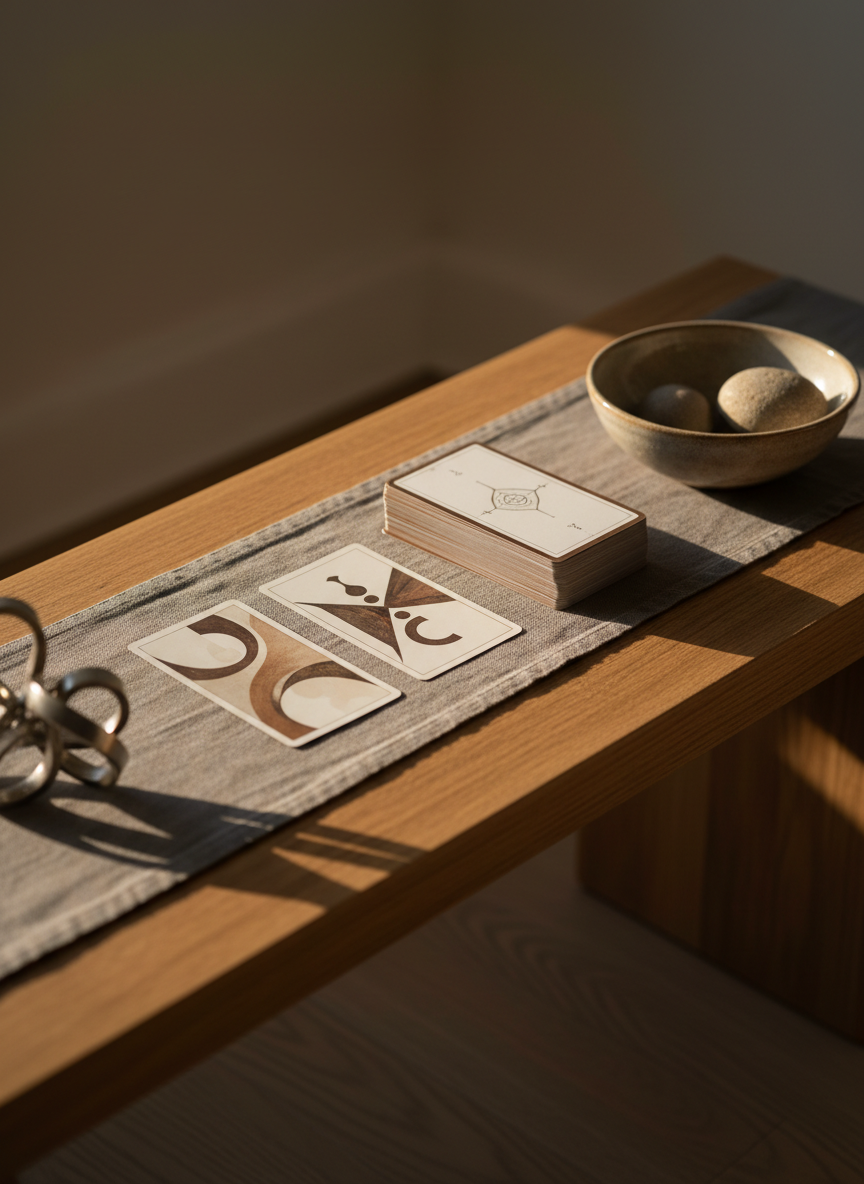 A refined tarot altar-like arrangement on a low, natural wood bench, featuring a central, neatly stacked deck with matte, soft-white backs edged in muted metallic bronze. Two tarot cards are drawn and placed parallel on a warm grey linen runner, leaving generous breathing room between them. To one side rests a small, abstract metal sculpture suggesting intertwined shapes, and to the other, a simple unglazed ceramic bowl containing three river stones of varying size. Late afternoon light washes in from the right, casting long, gentle shadows and a golden, calming tone over the wood grain. Captured at a slightly low, side-on angle with a moderate depth of field, the image feels grounded, introspective, and sophisticated, ideal for conveying tarot as a subtle, spiritual, and psychological practice in a realistic photographic style.