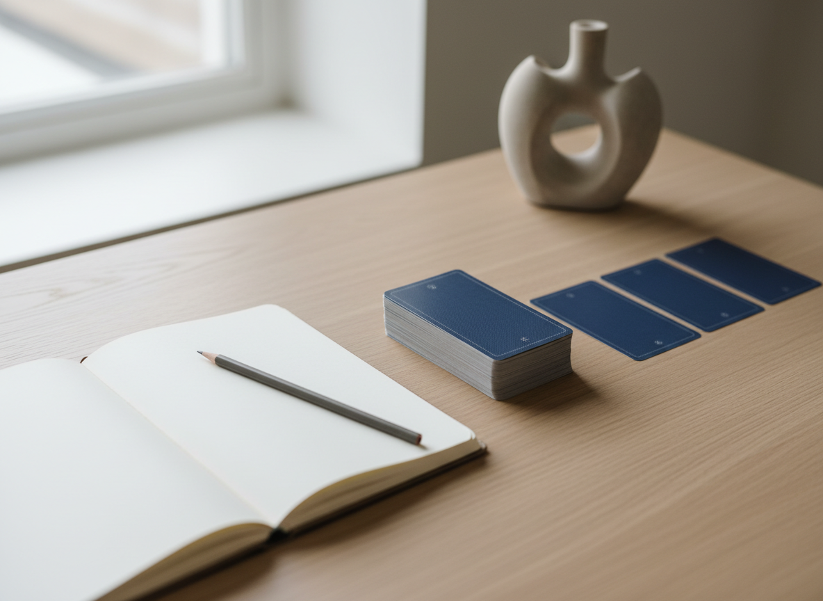 A serene tarot workspace arranged on a pale oak desk, featuring a neatly stacked tarot deck with understated, matte backs in soft midnight blue, and an adjacent three-card spread partially visible. Beside the cards rests an open, blank, cream-colored notebook with a fine-grain texture and a simple graphite pencil, suggesting introspective note-taking. A small, sculptural stone form stands in the background, adding subtle artistic interest. Soft, overcast natural light filters from a large window out of frame, bathing the scene in an even, calming glow and creating barely-there shadows. Photographed from a three-quarter overhead angle with sharp focus throughout, the image feels orderly, contemplative, and sophisticated, emphasizing tarot as a tool for reflection rather than spectacle, in a clean, realistic photographic aesthetic.